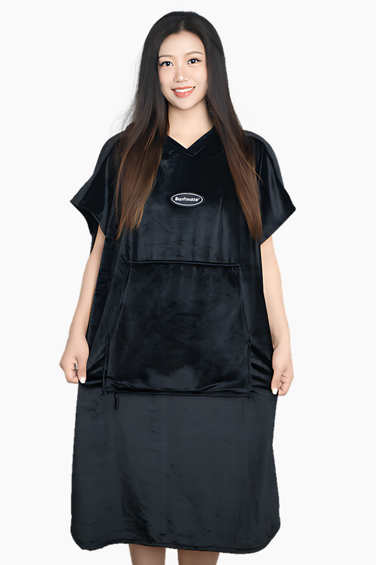 Quick-Dry Surf Poncho Changing Robe with Hood - Black Beach Towel