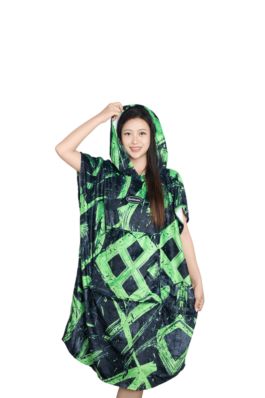 Multipurpose Surf Poncho Changing Towel Robe with Hood & Bag - Neon Green