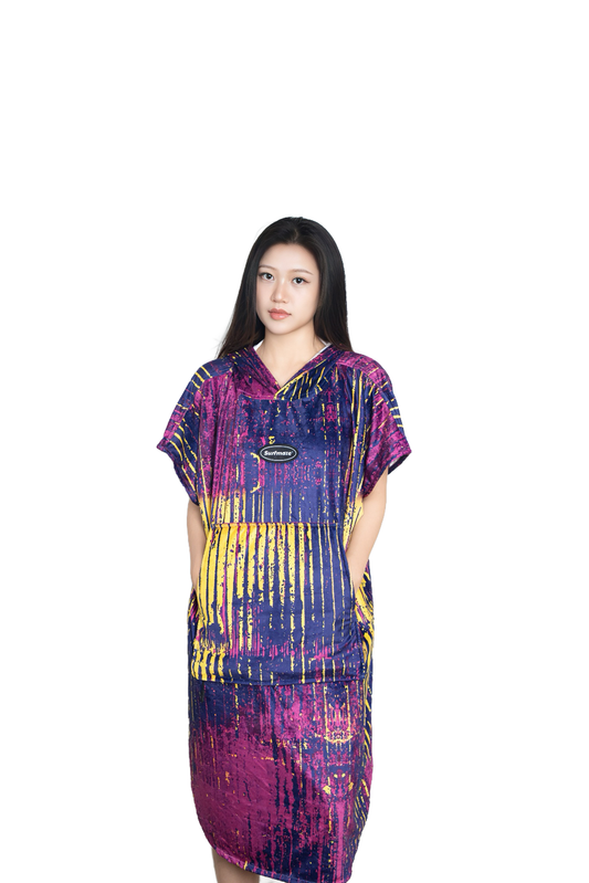 Multipurpose Surf Poncho Changing Towel Robe with Hood & Bag - Violet Print