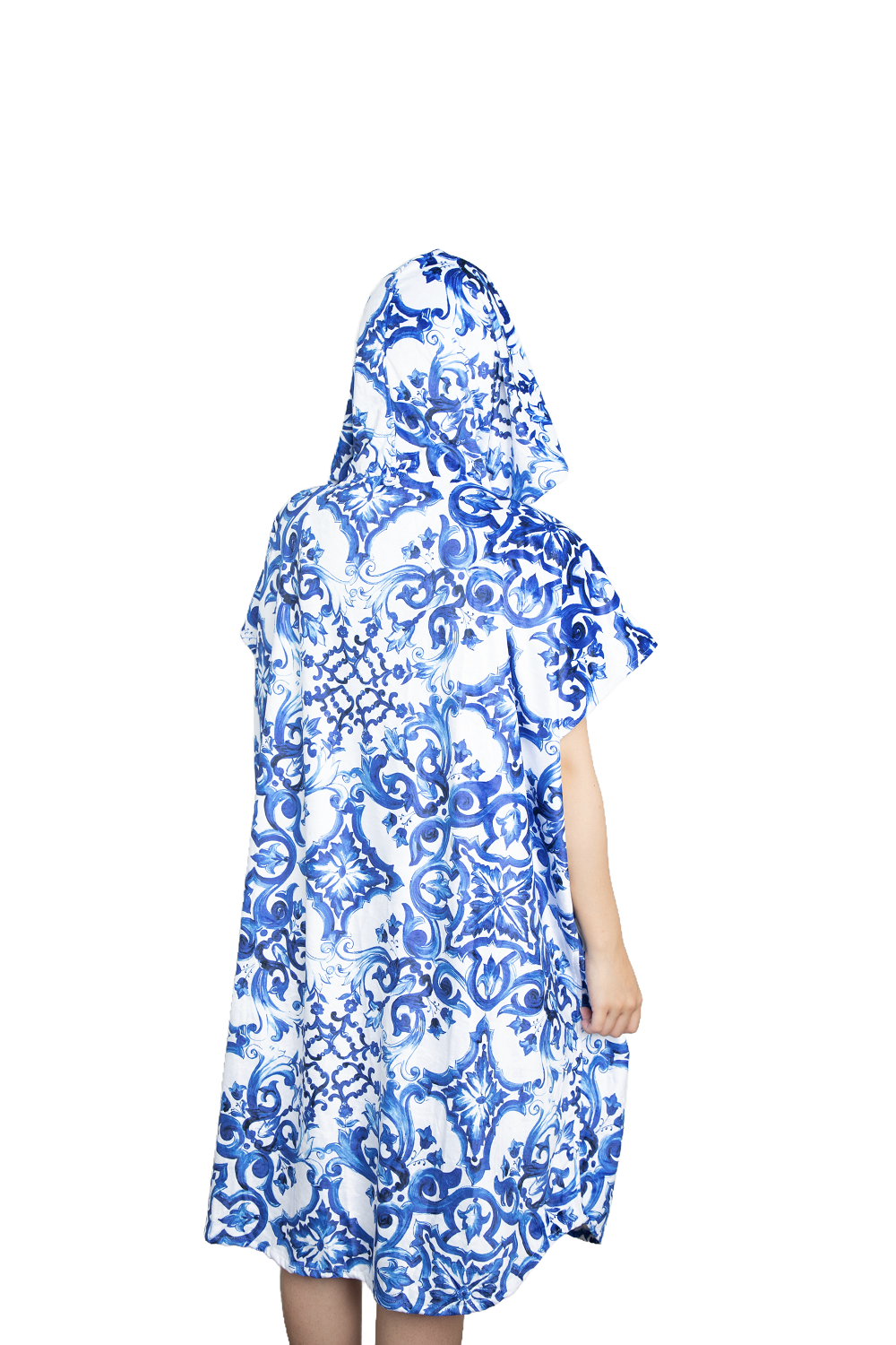 Multipurpose Surf Poncho Changing Towel Robe with Hood & Bag - Blue & White Porcelain Print