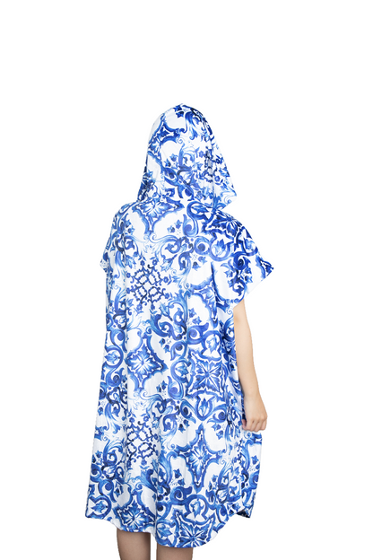 Multipurpose Surf Poncho Changing Towel Robe with Hood & Bag - Blue & White Porcelain Print