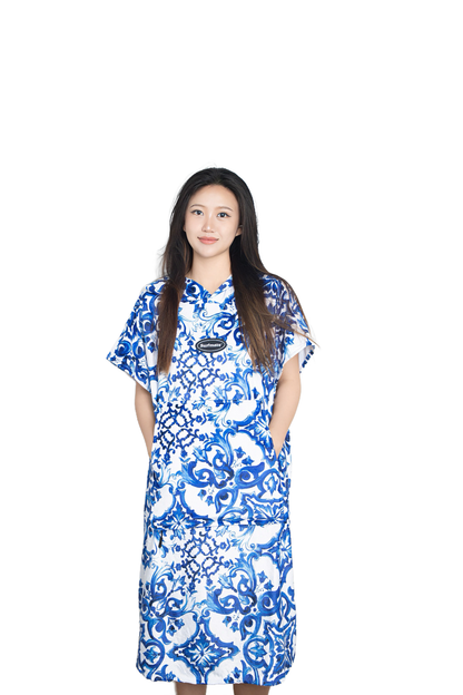 Multipurpose Surf Poncho Changing Towel Robe with Hood & Bag - Blue & White Porcelain Print