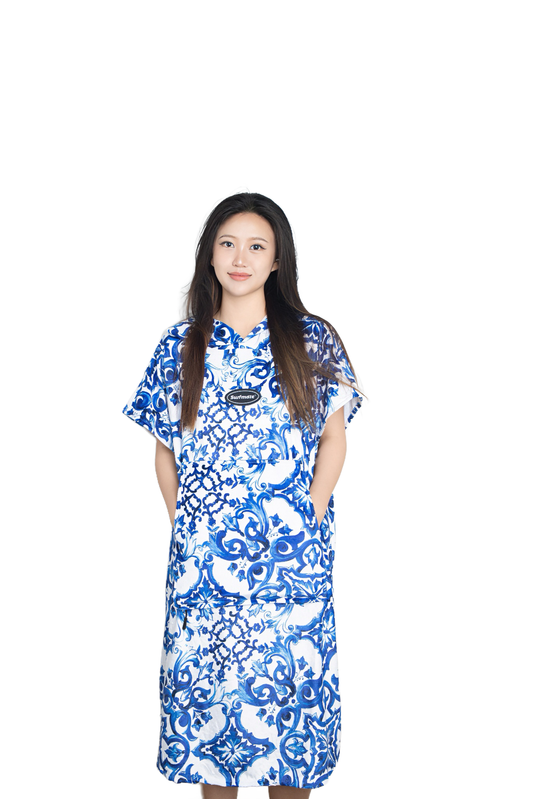 Multipurpose Surf Poncho Changing Towel Robe with Hood & Bag - Blue & White Porcelain Print