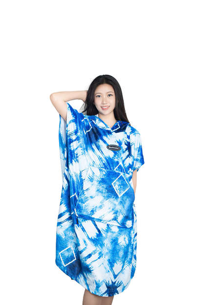 Multipurpose Surf Poncho Changing Towel Robe with Hood & Bag - Diamond Blue