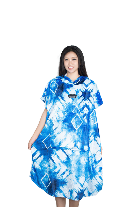 Multipurpose Surf Poncho Changing Towel Robe with Hood & Bag - Diamond Blue