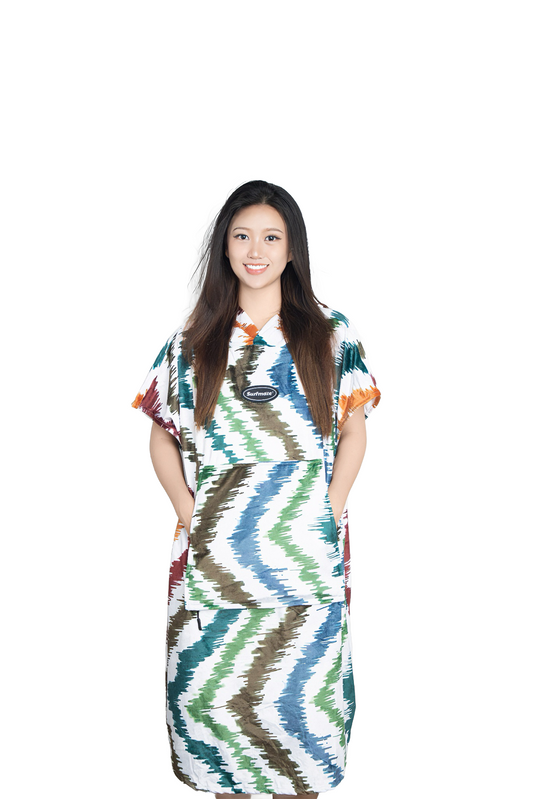 Multipurpose Surf Poncho Changing Towel Robe with Hood & Bag - Rainbow Print