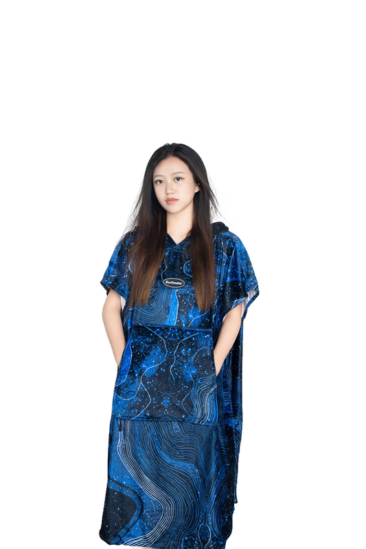 Multipurpose Surf Poncho Changing Towel Robe with Hood & Bag - Starry Sky Blue Print