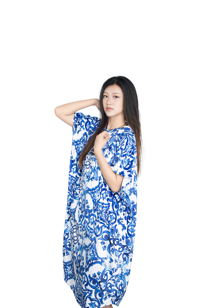 Multipurpose Surf Poncho Changing Towel Robe with Hood & Bag - Blue & White Porcelain Print