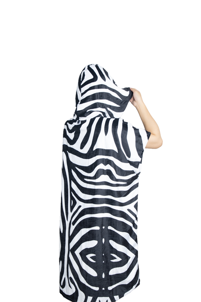 Multipurpose Surf Poncho Changing Towel Robe with Hood & Bag - Zebra Print