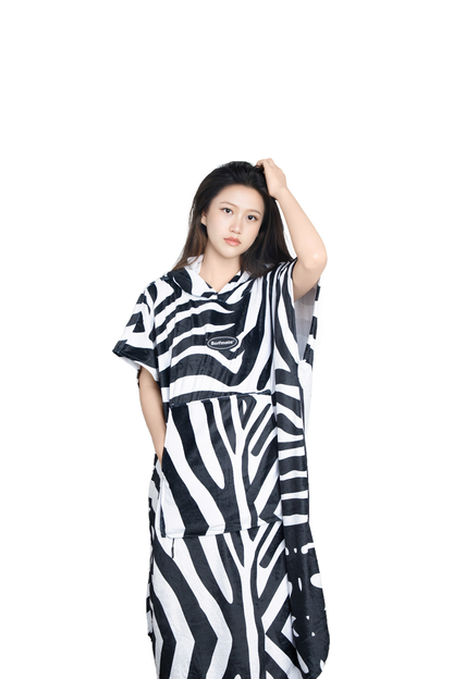 Multipurpose Surf Poncho Changing Towel Robe with Hood & Bag - Zebra Print