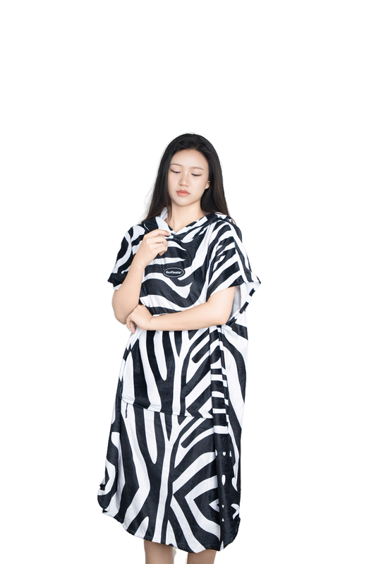 Multipurpose Surf Poncho Changing Towel Robe with Hood & Bag - Zebra Print
