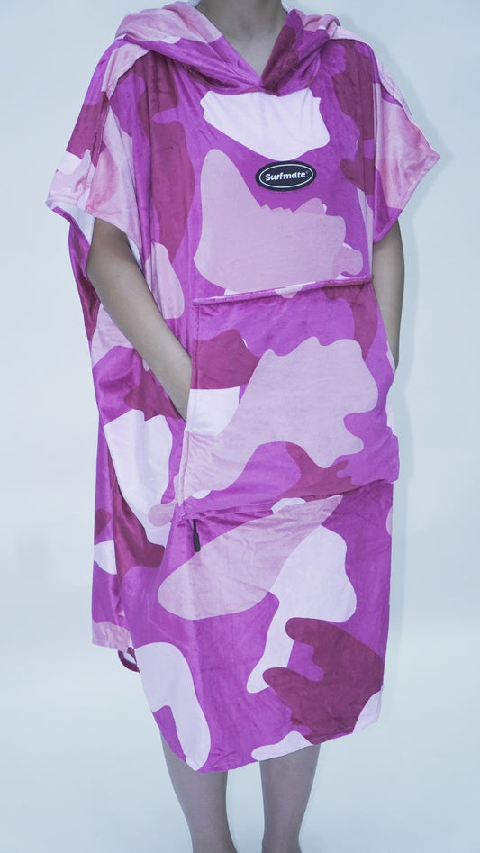 Multipurpose Surf Poncho Changing Towel Robe with Hood & Bag - Camel Purple Print