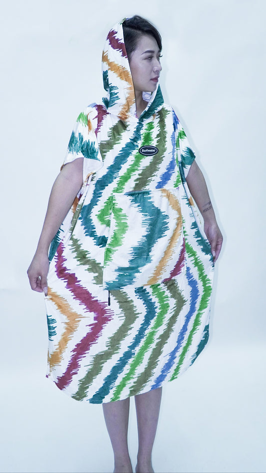 Multipurpose Surf Poncho Changing Towel Robe with Hood & Bag - Rainbow Print