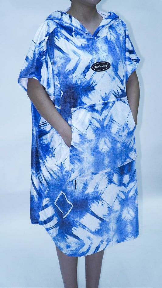 Multipurpose Surf Poncho Changing Towel Robe with Hood & Bag - Sky Blue & White Print