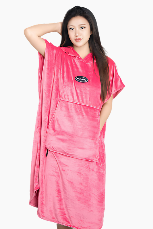 Multipurpose Surf Poncho Changing Towel Robe with Hood & Bag - Hot Pink