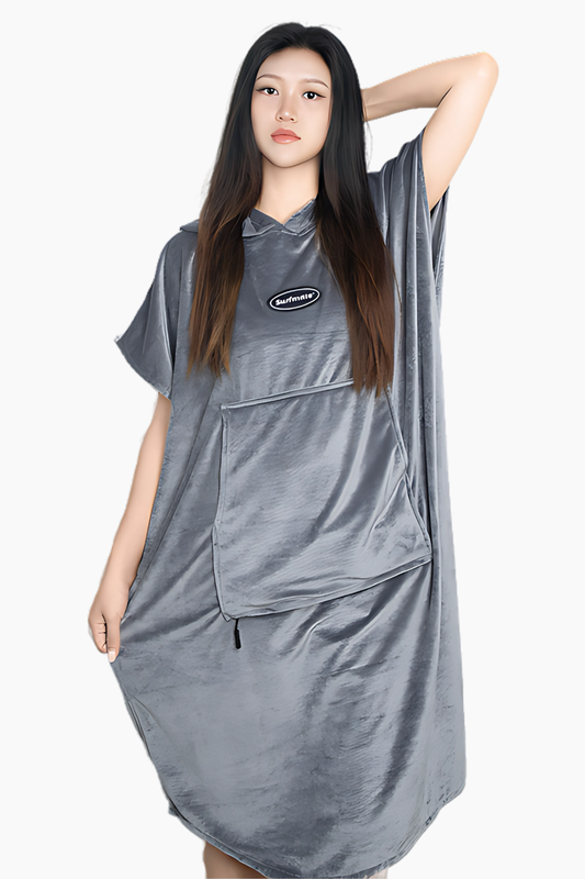 Multipurpose Surf Poncho Changing Towel Robe with Hood & Bag - Grey