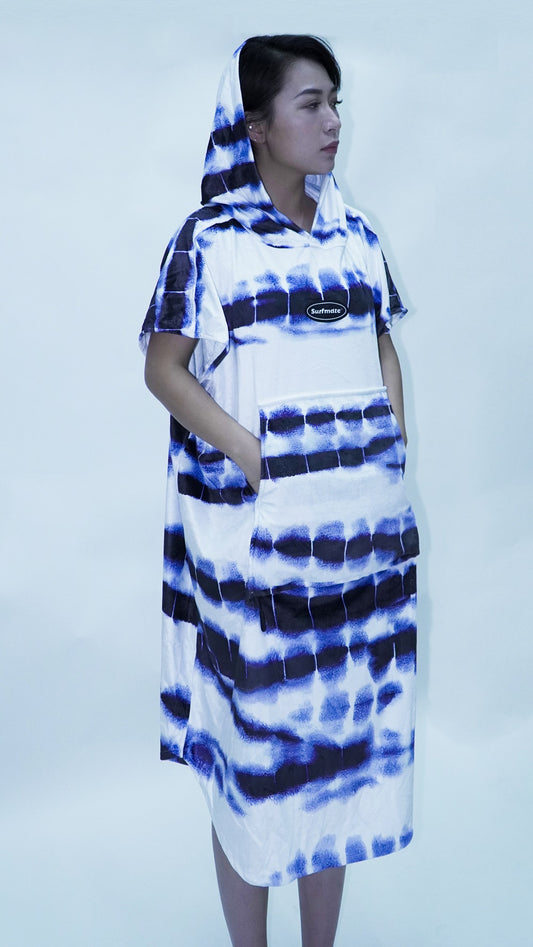Multipurpose Surf Poncho Changing Towel Robe with Hood & Bag - White & Blue Print