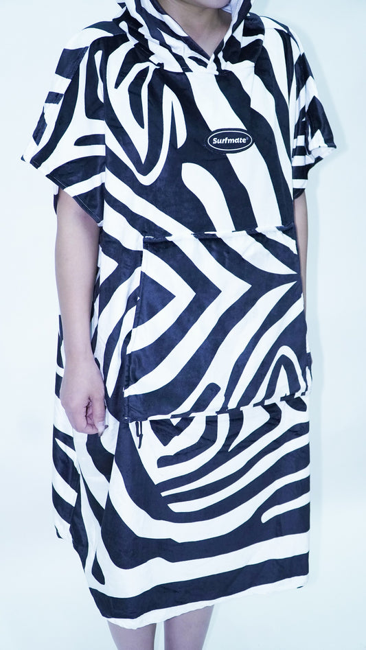 Multipurpose Surf Poncho Changing Towel Robe with Hood & Bag - Zebra Print